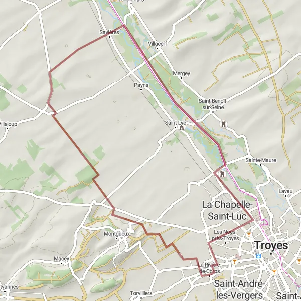 Miniature de la carte de l'inspiration cycliste "Découverte de La Rivière-de-Corps en Gravel" dans la Champagne-Ardenne, France. Générée par le planificateur d'itinéraire cycliste Tarmacs.app