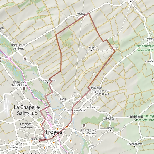 Miniature de la carte de l'inspiration cycliste "Aventure pittoresque à Feuges en Gravel" dans la Champagne-Ardenne, France. Générée par le planificateur d'itinéraire cycliste Tarmacs.app