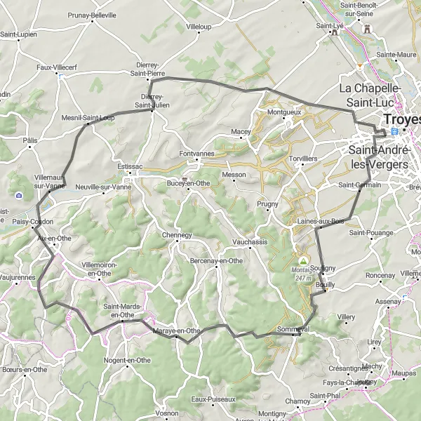 Miniature de la carte de l'inspiration cycliste "Parcours des Collines de l'Aube" dans la Champagne-Ardenne, France. Générée par le planificateur d'itinéraire cycliste Tarmacs.app