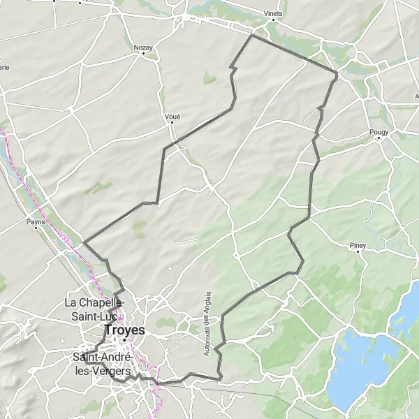 Miniature de la carte de l'inspiration cycliste "Boucle des Vallées de l'Aube" dans la Champagne-Ardenne, France. Générée par le planificateur d'itinéraire cycliste Tarmacs.app