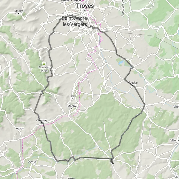 Miniature de la carte de l'inspiration cycliste "Parcours panoramique à Chamoy en Road Biking" dans la Champagne-Ardenne, France. Générée par le planificateur d'itinéraire cycliste Tarmacs.app