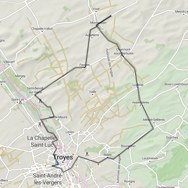 Map miniature of "Troyes Discovery" cycling inspiration in Champagne-Ardenne, France. Generated by Tarmacs.app cycling route planner