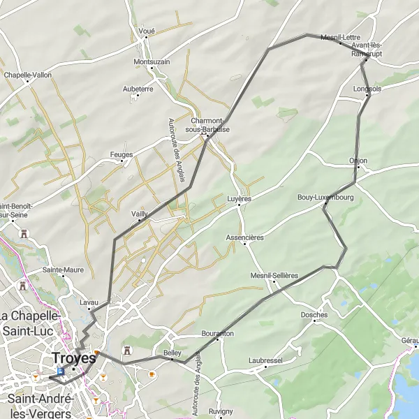 Miniature de la carte de l'inspiration cycliste "Balade Champenoise" dans la Champagne-Ardenne, France. Générée par le planificateur d'itinéraire cycliste Tarmacs.app