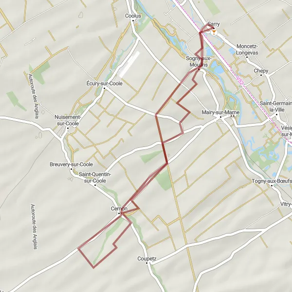 Miniature de la carte de l'inspiration cycliste "Chemin de Sogny-aux-Moulins" dans la Champagne-Ardenne, France. Générée par le planificateur d'itinéraire cycliste Tarmacs.app