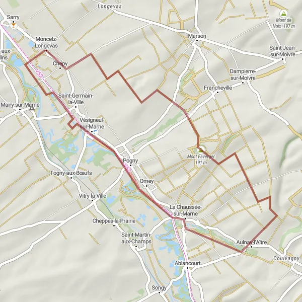 Map miniature of "Scenic Gravel Expedition from Sarry" cycling inspiration in Champagne-Ardenne, France. Generated by Tarmacs.app cycling route planner