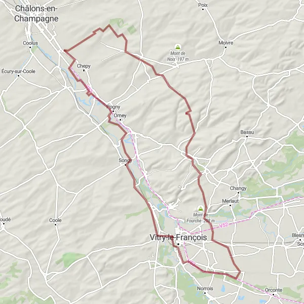 Miniature de la carte de l'inspiration cycliste "Tour de Dampierre-sur-Moivre" dans la Champagne-Ardenne, France. Générée par le planificateur d'itinéraire cycliste Tarmacs.app