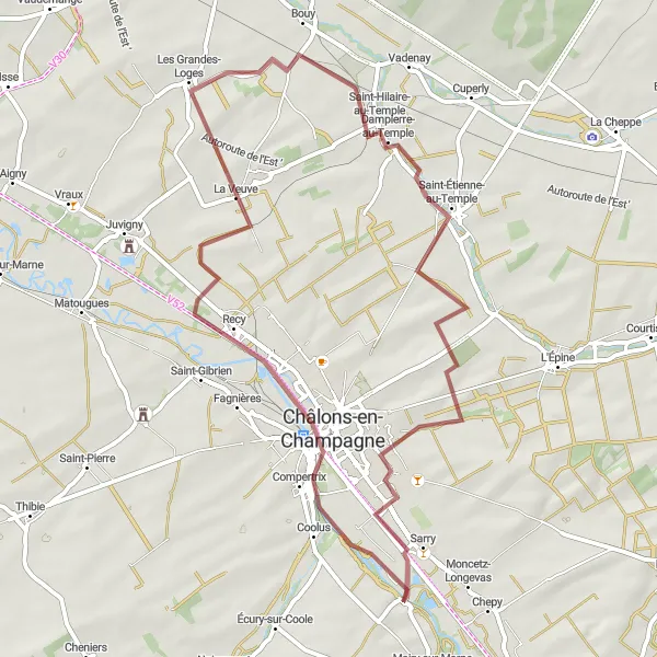 Map miniature of "Road to Gravel: Les Grandes-Loges Loop" cycling inspiration in Champagne-Ardenne, France. Generated by Tarmacs.app cycling route planner