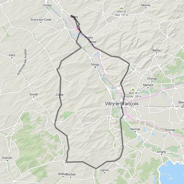 Map miniature of "Vitry-le-François Exploration" cycling inspiration in Champagne-Ardenne, France. Generated by Tarmacs.app cycling route planner