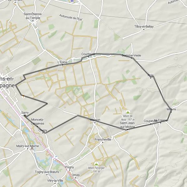 Map miniature of "From Sarry to Saint-Memmie and Beyond" cycling inspiration in Champagne-Ardenne, France. Generated by Tarmacs.app cycling route planner