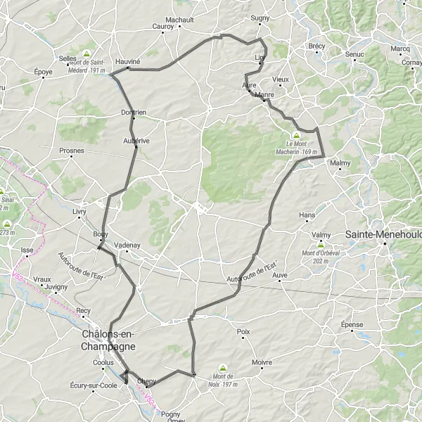 Map miniature of "From Châlons-en-Champagne to Moncetz-Longevas" cycling inspiration in Champagne-Ardenne, France. Generated by Tarmacs.app cycling route planner