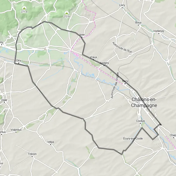 Miniature de la carte de l'inspiration cycliste "Boucle de Coolus" dans la Champagne-Ardenne, France. Générée par le planificateur d'itinéraire cycliste Tarmacs.app