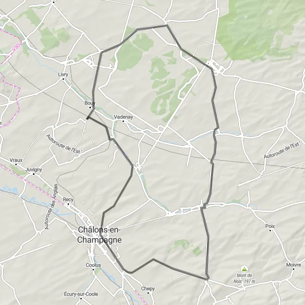 Map miniature of "Road Experience: Suippes and Beyond" cycling inspiration in Champagne-Ardenne, France. Generated by Tarmacs.app cycling route planner