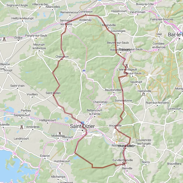 Miniature de la carte de l'inspiration cycliste "La Route des Villages Rustiques" dans la Champagne-Ardenne, France. Générée par le planificateur d'itinéraire cycliste Tarmacs.app