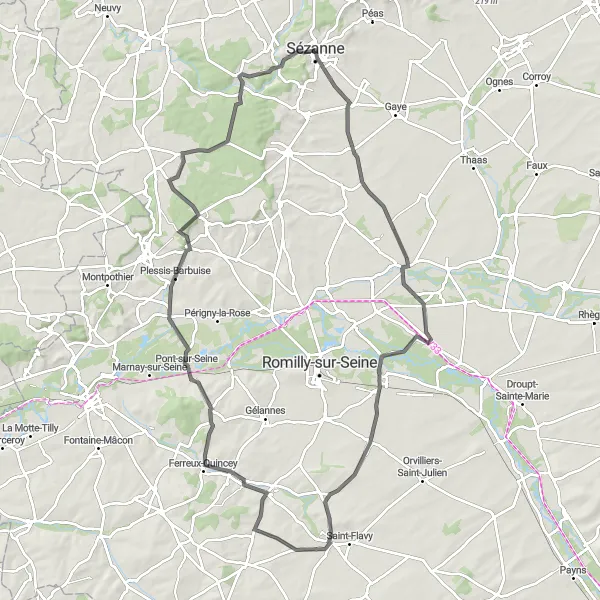 Map miniature of "The Champagne Charm" cycling inspiration in Champagne-Ardenne, France. Generated by Tarmacs.app cycling route planner