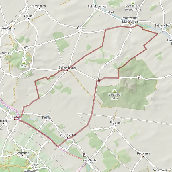 Map miniature of "Sillery-Beine-Nauroy-Sillery" cycling inspiration in Champagne-Ardenne, France. Generated by Tarmacs.app cycling route planner