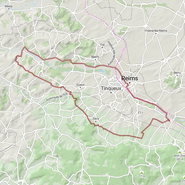 Miniature de la carte de l'inspiration cycliste "Boucle de la Montagne de Reims" dans la Champagne-Ardenne, France. Générée par le planificateur d'itinéraire cycliste Tarmacs.app