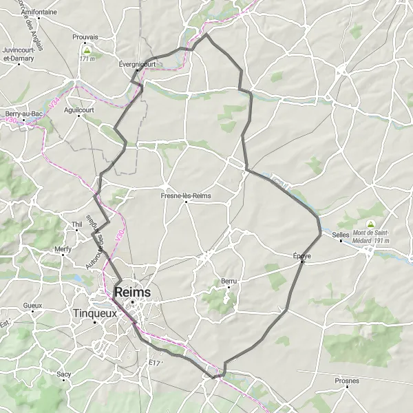 Miniature de la carte de l'inspiration cycliste "Boucle des Villages Champenois" dans la Champagne-Ardenne, France. Générée par le planificateur d'itinéraire cycliste Tarmacs.app