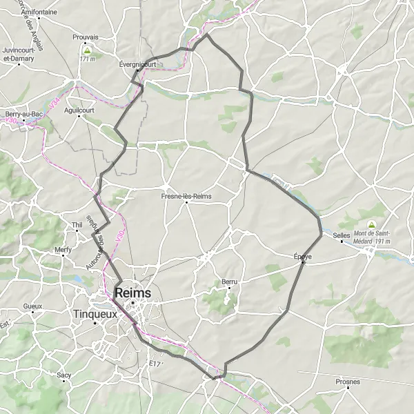 Map miniature of "The Riverside Route" cycling inspiration in Champagne-Ardenne, France. Generated by Tarmacs.app cycling route planner