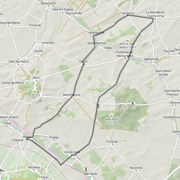 Miniature de la carte de l'inspiration cycliste "Boucle à vélo de route près de Sillery" dans la Champagne-Ardenne, France. Générée par le planificateur d'itinéraire cycliste Tarmacs.app