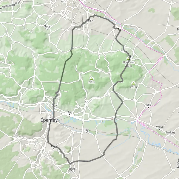 Miniature de la carte de l'inspiration cycliste "Circuit des Vignobles de la Montagne de Reims" dans la Champagne-Ardenne, France. Générée par le planificateur d'itinéraire cycliste Tarmacs.app