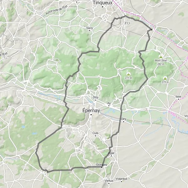 Miniature de la carte de l'inspiration cycliste "Route des Coteaux Champenois" dans la Champagne-Ardenne, France. Générée par le planificateur d'itinéraire cycliste Tarmacs.app