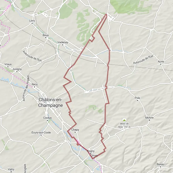 Map miniature of "Champagne Countryside Gravel" cycling inspiration in Champagne-Ardenne, France. Generated by Tarmacs.app cycling route planner