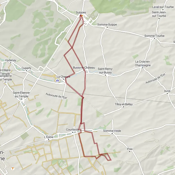 Miniature de la carte de l'inspiration cycliste "Chemin bucolique de Suippes" dans la Champagne-Ardenne, France. Générée par le planificateur d'itinéraire cycliste Tarmacs.app