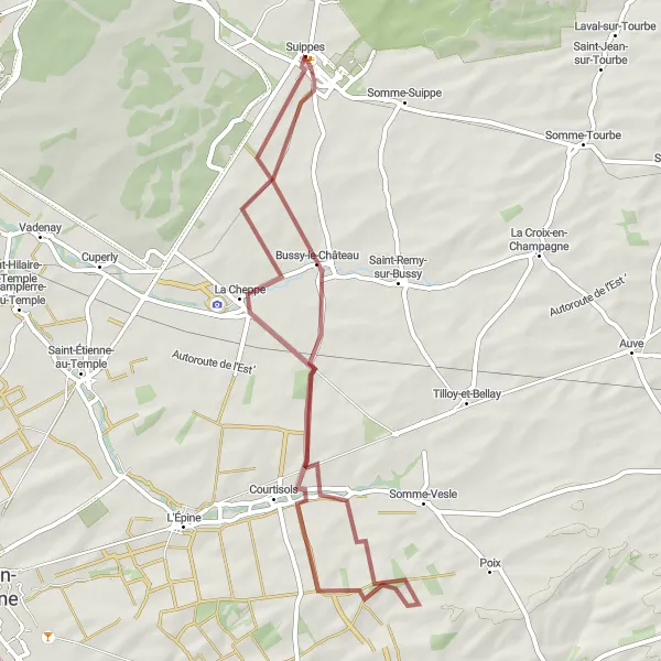 Map miniature of "Hidden Gems Gravel Ride" cycling inspiration in Champagne-Ardenne, France. Generated by Tarmacs.app cycling route planner