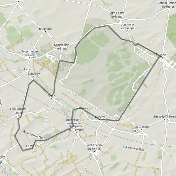 Map miniature of "Cuperly Loop" cycling inspiration in Champagne-Ardenne, France. Generated by Tarmacs.app cycling route planner