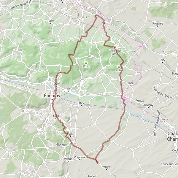 Map miniature of "Hidden Gems of Champagne: The Gravel Odyssey" cycling inspiration in Champagne-Ardenne, France. Generated by Tarmacs.app cycling route planner