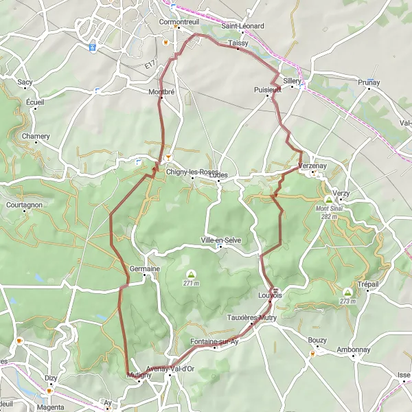 Miniature de la carte de l'inspiration cycliste "La Route des Vignobles Champenois" dans la Champagne-Ardenne, France. Générée par le planificateur d'itinéraire cycliste Tarmacs.app