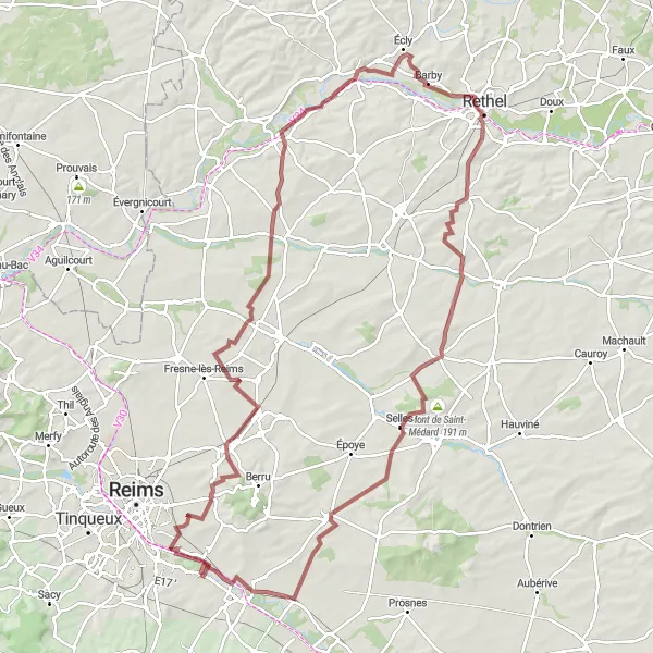 Map miniature of "Beyond Boundaries: A Scenic Gravel Marathon" cycling inspiration in Champagne-Ardenne, France. Generated by Tarmacs.app cycling route planner