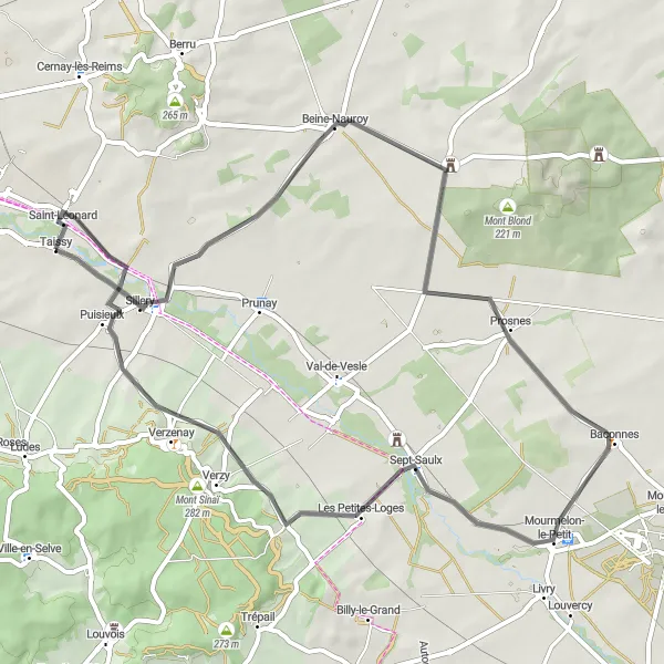 Map miniature of "Countryside and Historic Sites Tour" cycling inspiration in Champagne-Ardenne, France. Generated by Tarmacs.app cycling route planner