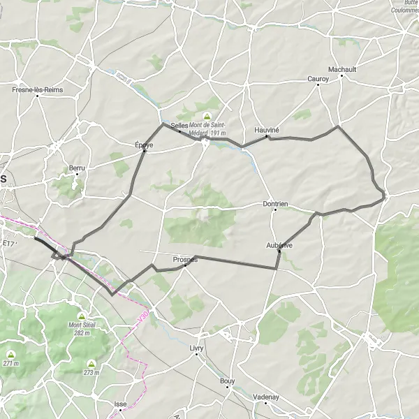 Map miniature of "Countryside and Vineyards Exploration" cycling inspiration in Champagne-Ardenne, France. Generated by Tarmacs.app cycling route planner