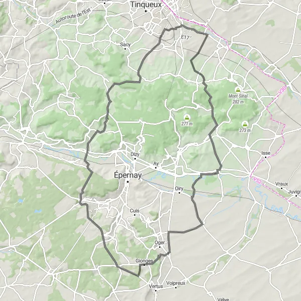 Map miniature of "Champagne Vineyards Road" cycling inspiration in Champagne-Ardenne, France. Generated by Tarmacs.app cycling route planner