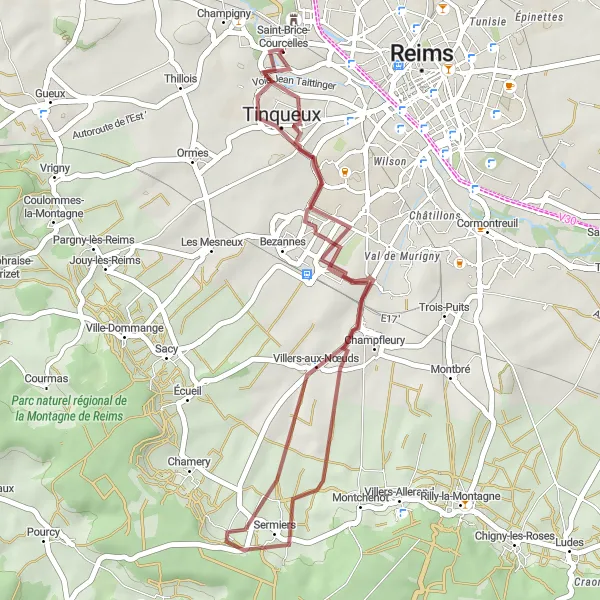 Map miniature of "Gravel route through Mont Saint-Pierre and Saint-Brice-Courcelles" cycling inspiration in Champagne-Ardenne, France. Generated by Tarmacs.app cycling route planner