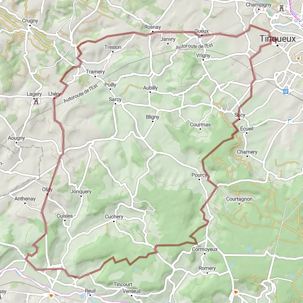 Map miniature of "Gravel adventure through Écueil and Tinqueux" cycling inspiration in Champagne-Ardenne, France. Generated by Tarmacs.app cycling route planner