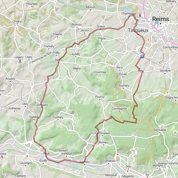 Miniature de la carte de l'inspiration cycliste "Aventure gravel à travers la nature" dans la Champagne-Ardenne, France. Générée par le planificateur d'itinéraire cycliste Tarmacs.app