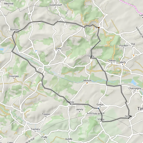 Map miniature of "Road route through Branscourt and Thillois" cycling inspiration in Champagne-Ardenne, France. Generated by Tarmacs.app cycling route planner