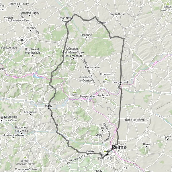 Map miniature of "Champagne Highlights" cycling inspiration in Champagne-Ardenne, France. Generated by Tarmacs.app cycling route planner