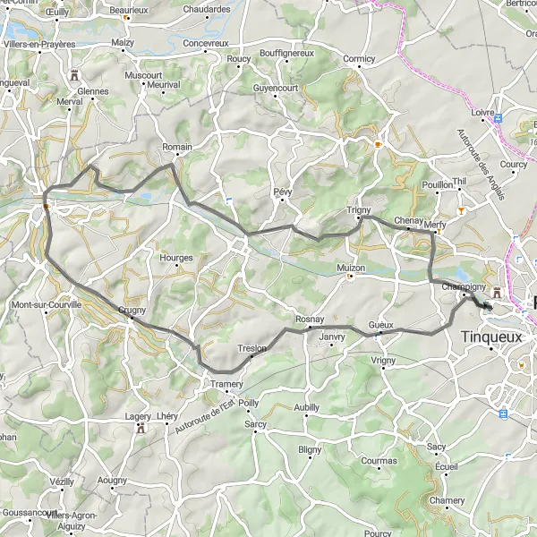 Map miniature of "Scenic road cycling route through Gueux and Châlons-sur-Vesle" cycling inspiration in Champagne-Ardenne, France. Generated by Tarmacs.app cycling route planner