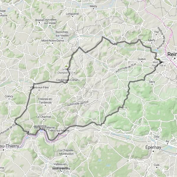 Map miniature of "Champagne-Ardenne Road Cycling Route" cycling inspiration in Champagne-Ardenne, France. Generated by Tarmacs.app cycling route planner