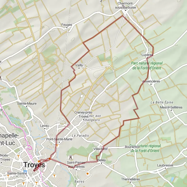 Miniature de la carte de l'inspiration cycliste "Circuit Gravel autour de Troyes" dans la Champagne-Ardenne, France. Générée par le planificateur d'itinéraire cycliste Tarmacs.app