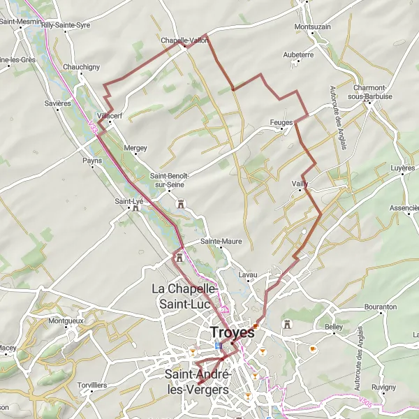 Map miniature of "Riverside Gravel Adventure" cycling inspiration in Champagne-Ardenne, France. Generated by Tarmacs.app cycling route planner