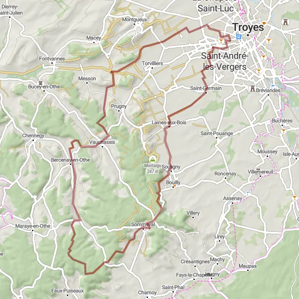 Miniature de la carte de l'inspiration cycliste "Route autour de Troyes à travers les villages pittoresques" dans la Champagne-Ardenne, France. Générée par le planificateur d'itinéraire cycliste Tarmacs.app