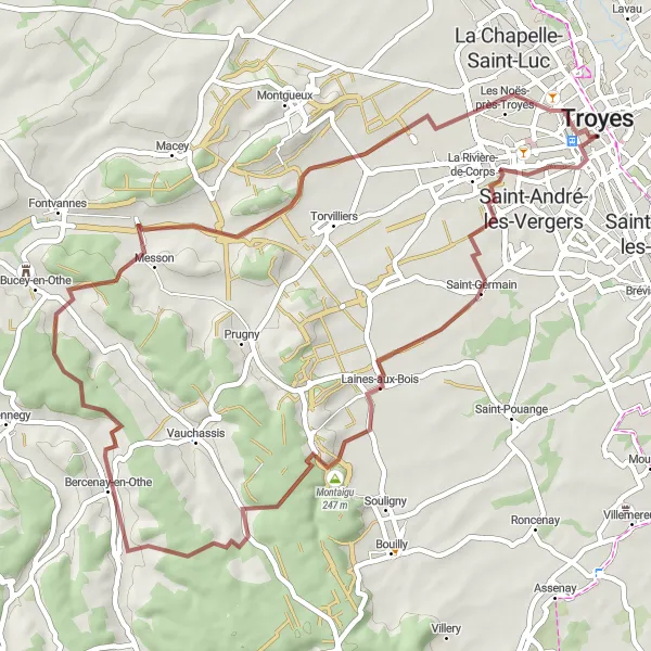 Miniature de la carte de l'inspiration cycliste "Parcours pittoresque dans les environs de Troyes" dans la Champagne-Ardenne, France. Générée par le planificateur d'itinéraire cycliste Tarmacs.app