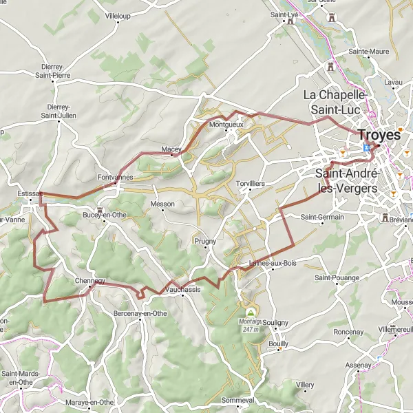Miniature de la carte de l'inspiration cycliste "Parcours Gravel à travers les villages près de Troyes" dans la Champagne-Ardenne, France. Générée par le planificateur d'itinéraire cycliste Tarmacs.app