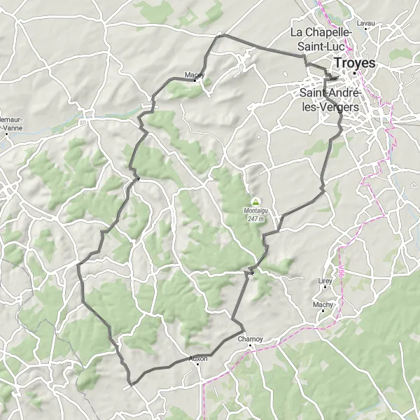 Miniature de la carte de l'inspiration cycliste "Tour à vélo dans la campagne près de Troyes" dans la Champagne-Ardenne, France. Générée par le planificateur d'itinéraire cycliste Tarmacs.app