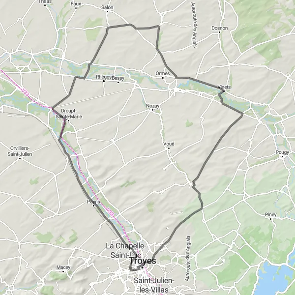 Map miniature of "Challenging Adventure through La Chapelle-Saint-Luc" cycling inspiration in Champagne-Ardenne, France. Generated by Tarmacs.app cycling route planner