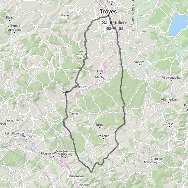 Miniature de la carte de l'inspiration cycliste "Boucle autour de Troyes" dans la Champagne-Ardenne, France. Générée par le planificateur d'itinéraire cycliste Tarmacs.app